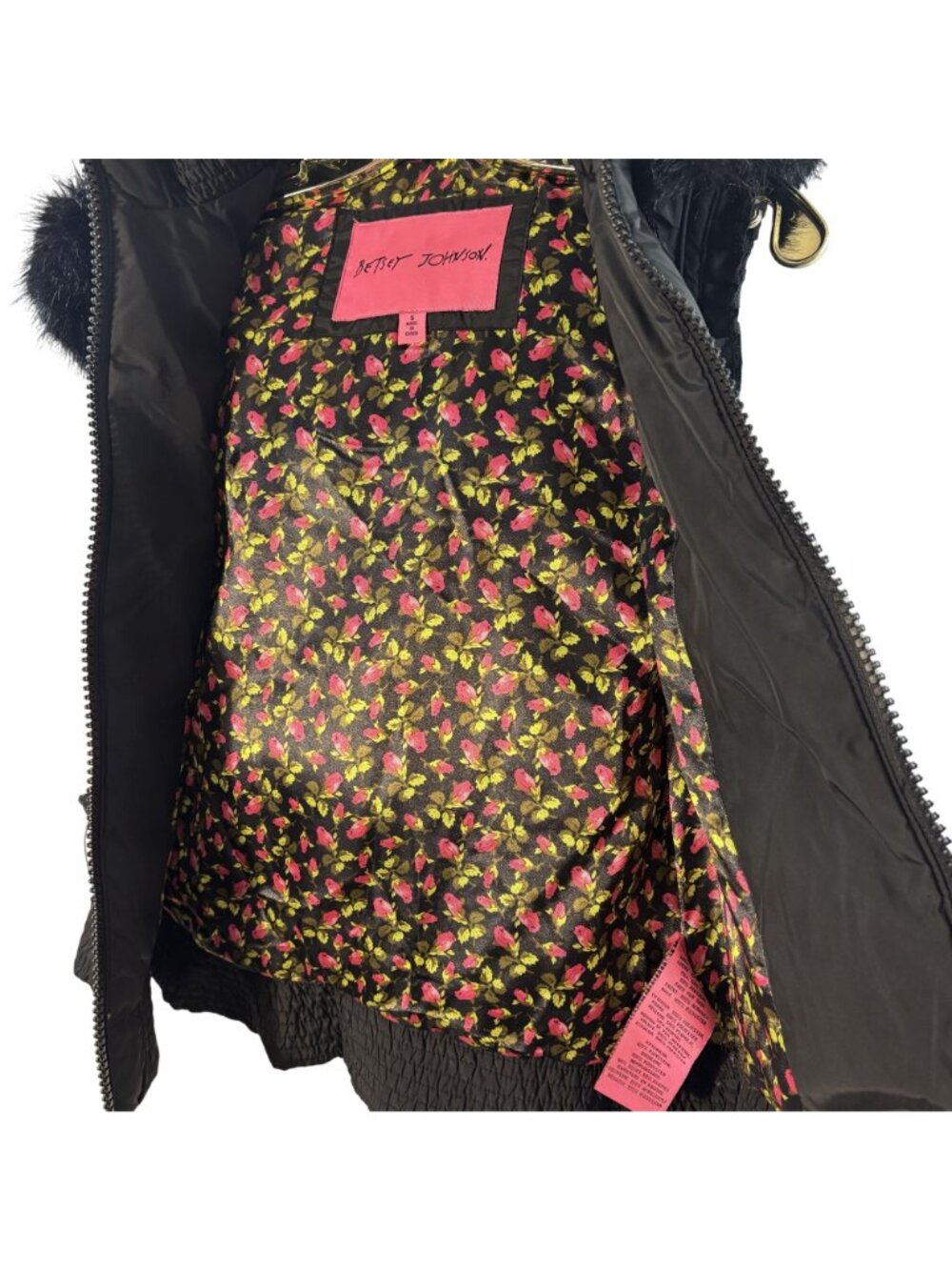 Betsey Johnson Black Hooded Vest W/ Faux Fur Trim & Floral Lining Size S - Picture 6 of 11